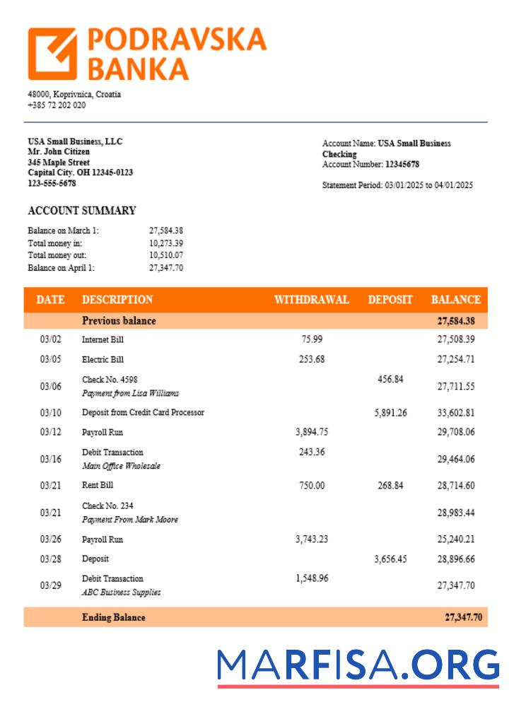 Blank Croatia Podravska bank corporate checking account statement Word and PDF template